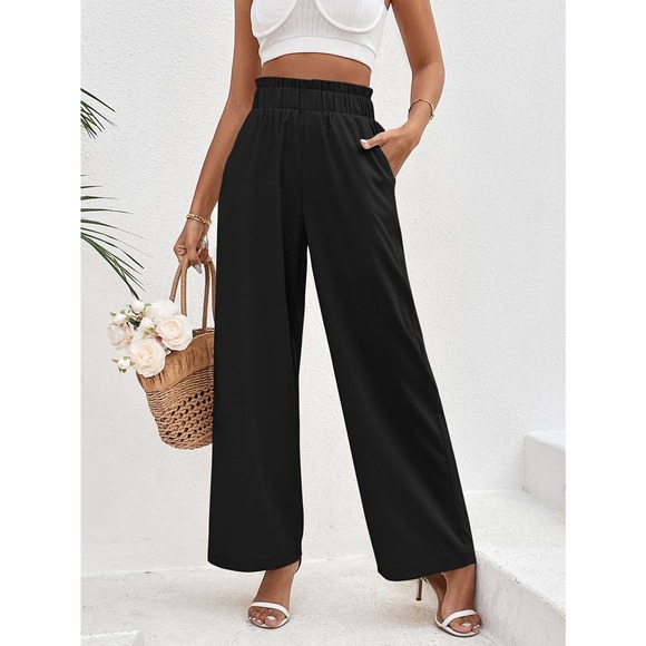 Cream boho Paperbag Waist Slant Pocket high waist Wide Leg Pants - Picture 3 of 11